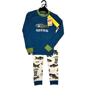 Lazy One Boys Asleep At The Reel Sz 8 Cotton Long Sleeve 2pc Fishing Pajamas NWT